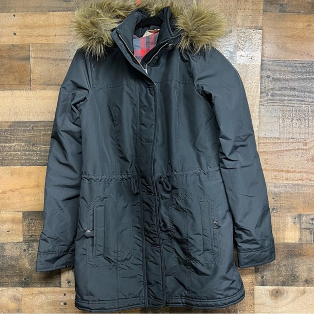 Hollister Zip-Up Coat Faux Fur Black Hooded Long Winter Coat‎ Women's Size Small